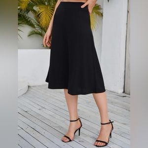 Elegant A line stretch Solid High Waist Black Midi Skirt
